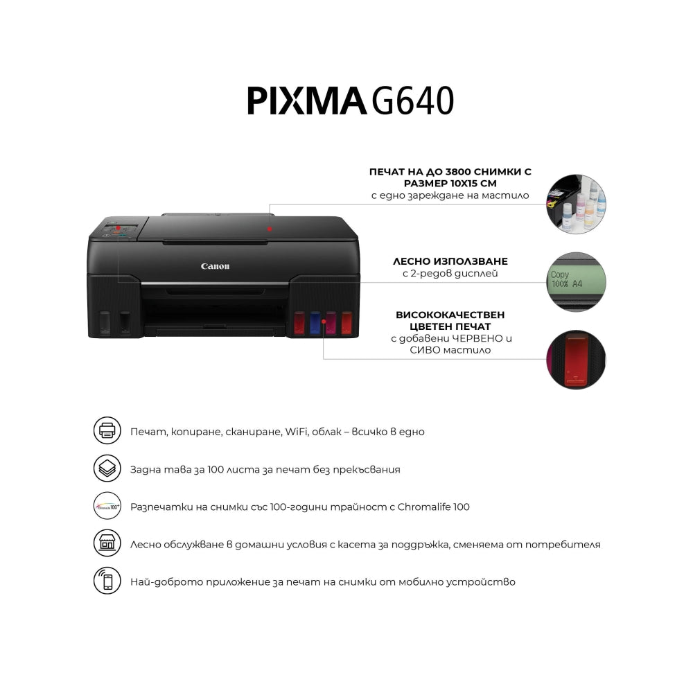 Мастилоструйно многофункционално устройство Canon PIXMA G640 All-In-One, Black