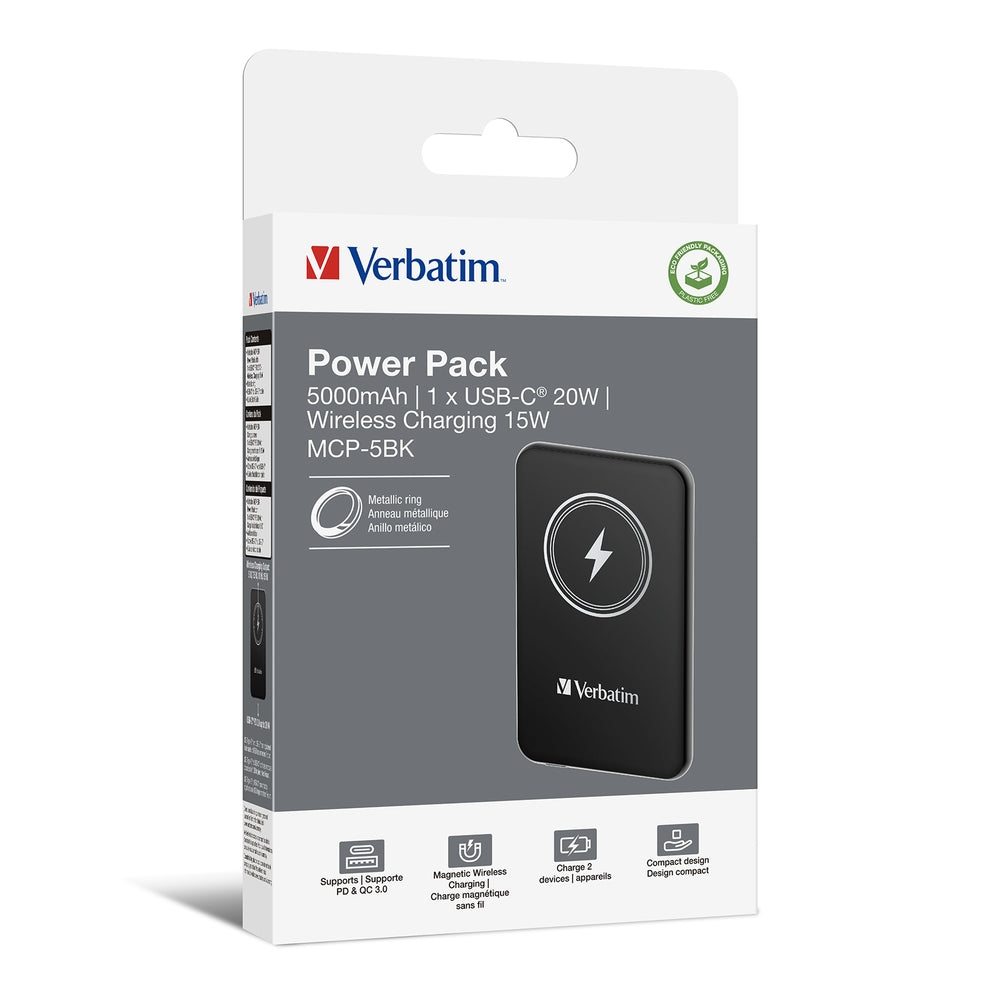 Външна батерия Verbatim MCP-5BK Power Pack 5000 mAh with UBS-C PD 20W / Magnetic Wireless