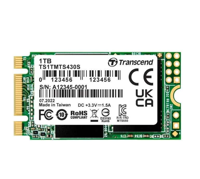 Твърд диск Transcend 1TB, M.2 2242 SSD, SATA3 B+M Key, TLC (TS1TMTS430S)