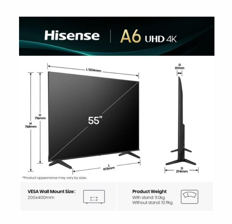 Телевизор Hisense 55" A6Q, 4K Ultra HD 3840x2160