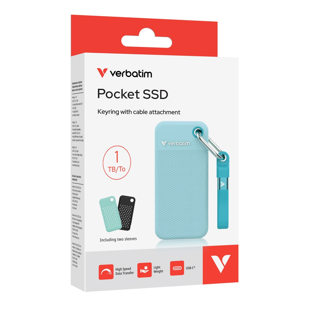 Твърд диск Verbatim Pocket SSD USB 3.2 Gen 2 1TB Polar Blue incl. two rubber sleeves