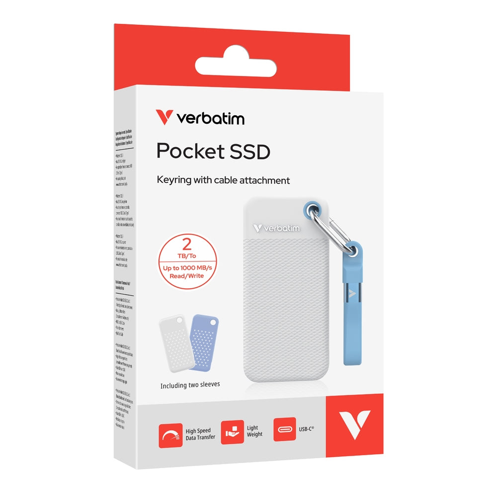 Твърд диск Verbatim Pocket SSD USB 3.2 Gen 2 2TB White/Light Blue incl. two rubber sleeves