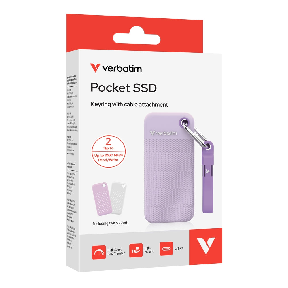 Твърд диск Verbatim Pocket SSD USB 3.2 Gen 2 2TB Purple incl. two rubber sleeves