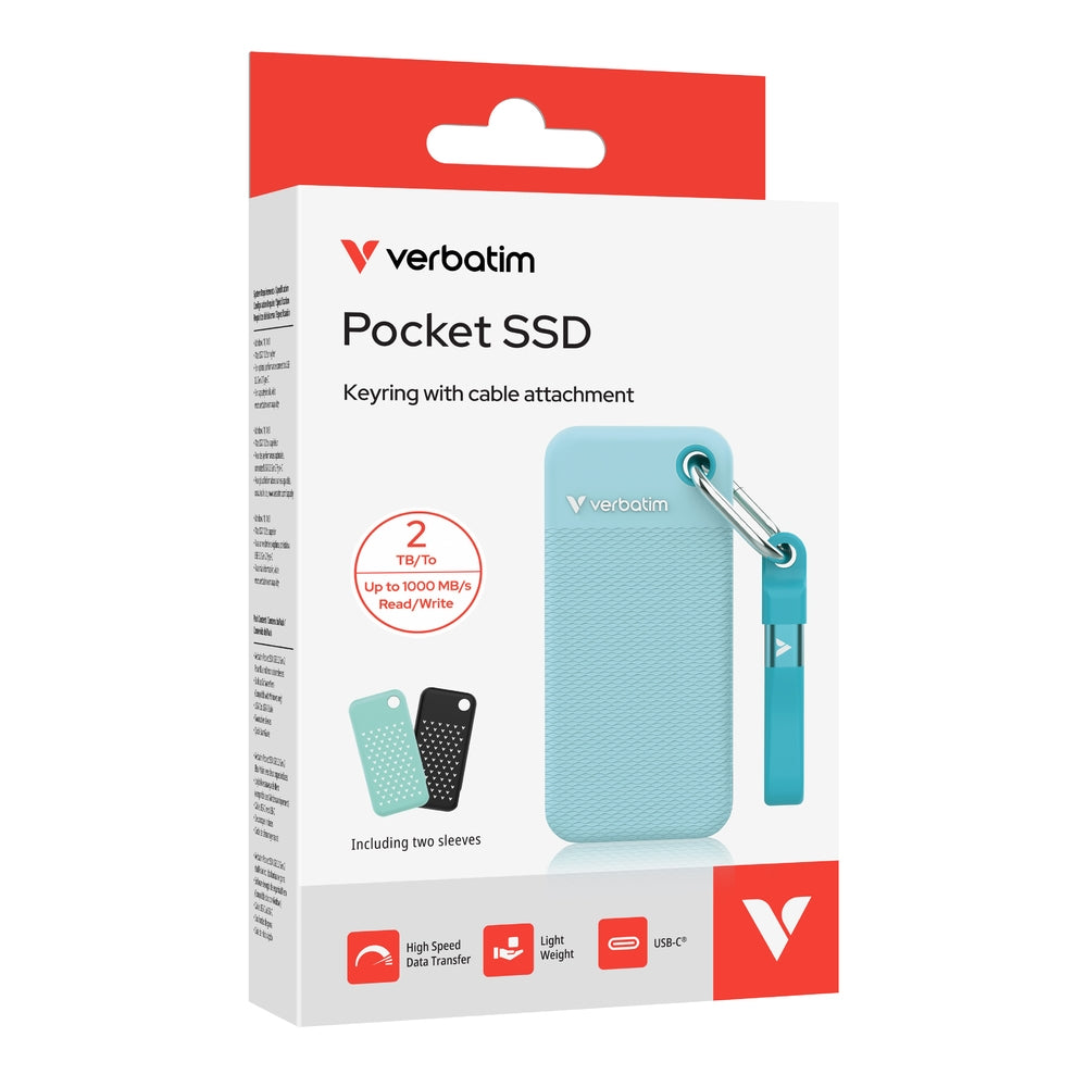 Твърд диск Verbatim Pocket SSD USB 3.2 Gen 2 2TB Polar Blue incl. two rubber sleeves