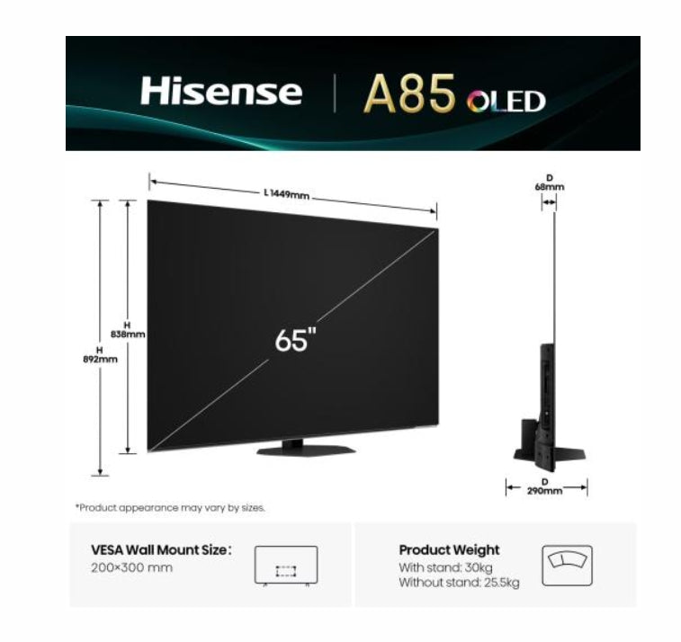 Телевизор Hisense 65" A85Q, 4K UHD OLED Smart TV