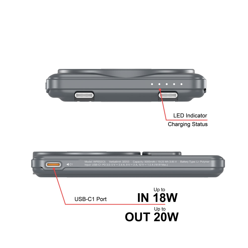 Външна батерия Verbatim Charge 'n' Go 2C Power Bank Magnetic Wireless 5000mAh with 2 (32251)