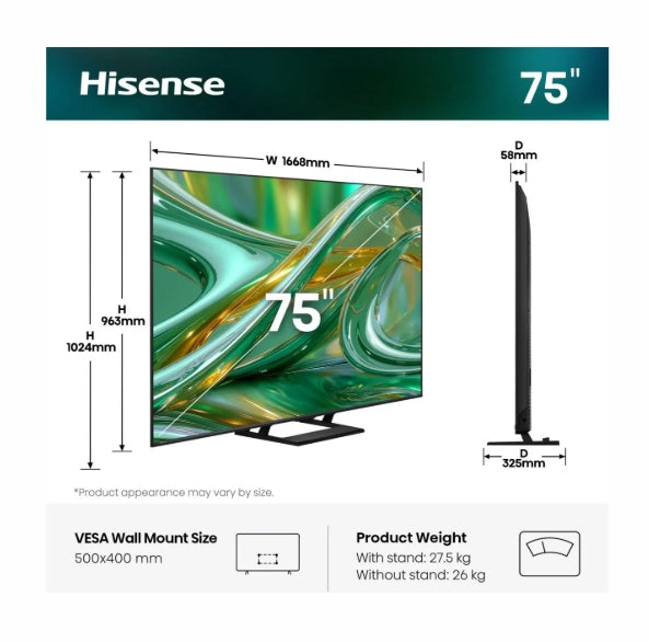 Телевизор Hisense 75" E8S, 4K Ultra HD 3840x2160