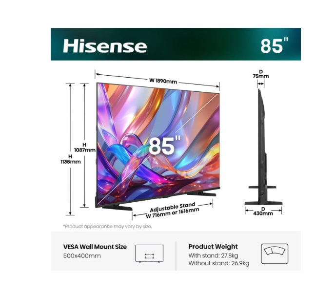 Телевизор Hisense 85" E7S, 4K Ultra HD 3840x2160