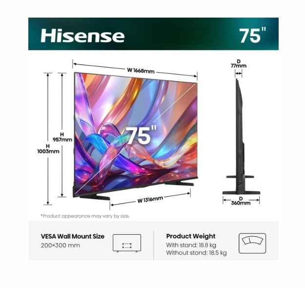 Телевизор Hisense 75" E7S, 4K Ultra HD 3840x2160