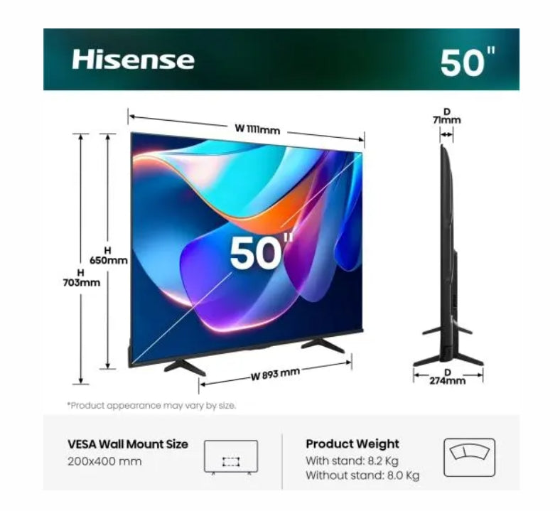 Телевизор Hisense 50" A6S, 4K Ultra HD 3840x2160
