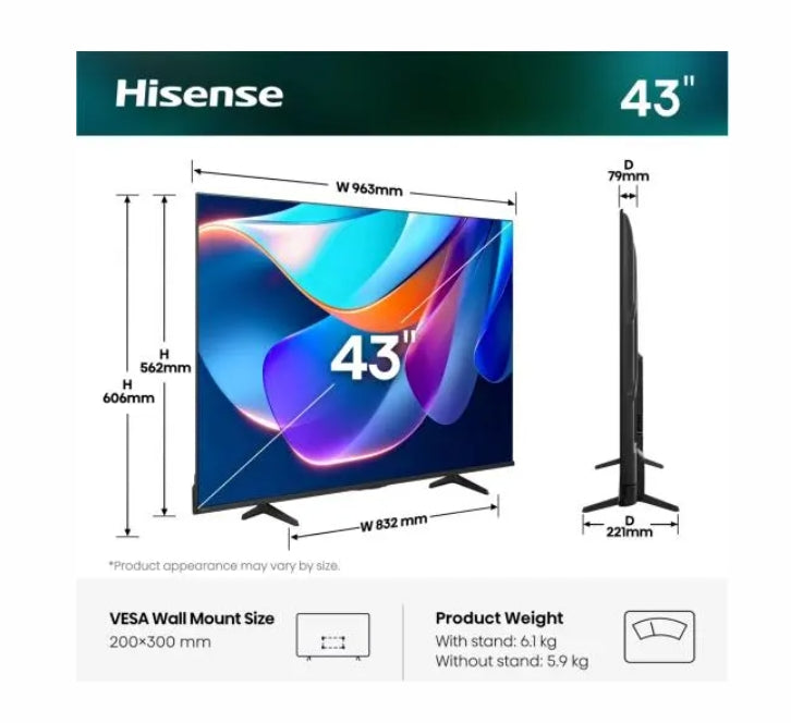 Телевизор Hisense 43" A6S, 4K Ultra HD 3840x2160