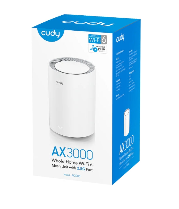 Рутер Cudy M3000 (1-Pack) AX3000 Wi-Fi 6 Mesh 2.5G Solution Dual-Band 2402Mbps at 5GHz +