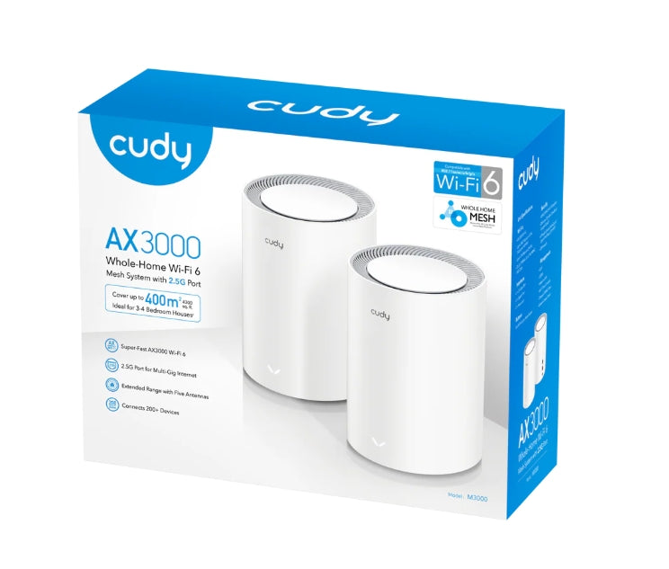 Рутер Cudy M3000 (2-Pack) AX3000 Wi-Fi 6 Mesh Dual-Band 2402Mbps at 5GHz + 574Mbps at