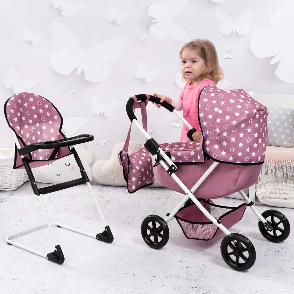 BAYER Количка за кукли с чанта COSY и столче за хранене розови