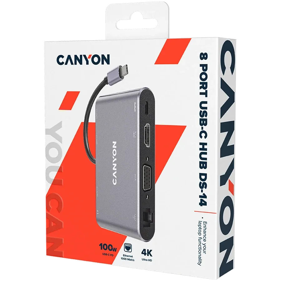 USB хъб Canyon hub DS-14 8in1 4k USB-C Dark, сив