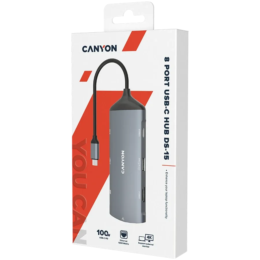 USB хъб Canyon hub DS-15 8in1 4k USB-C Dark, сив
