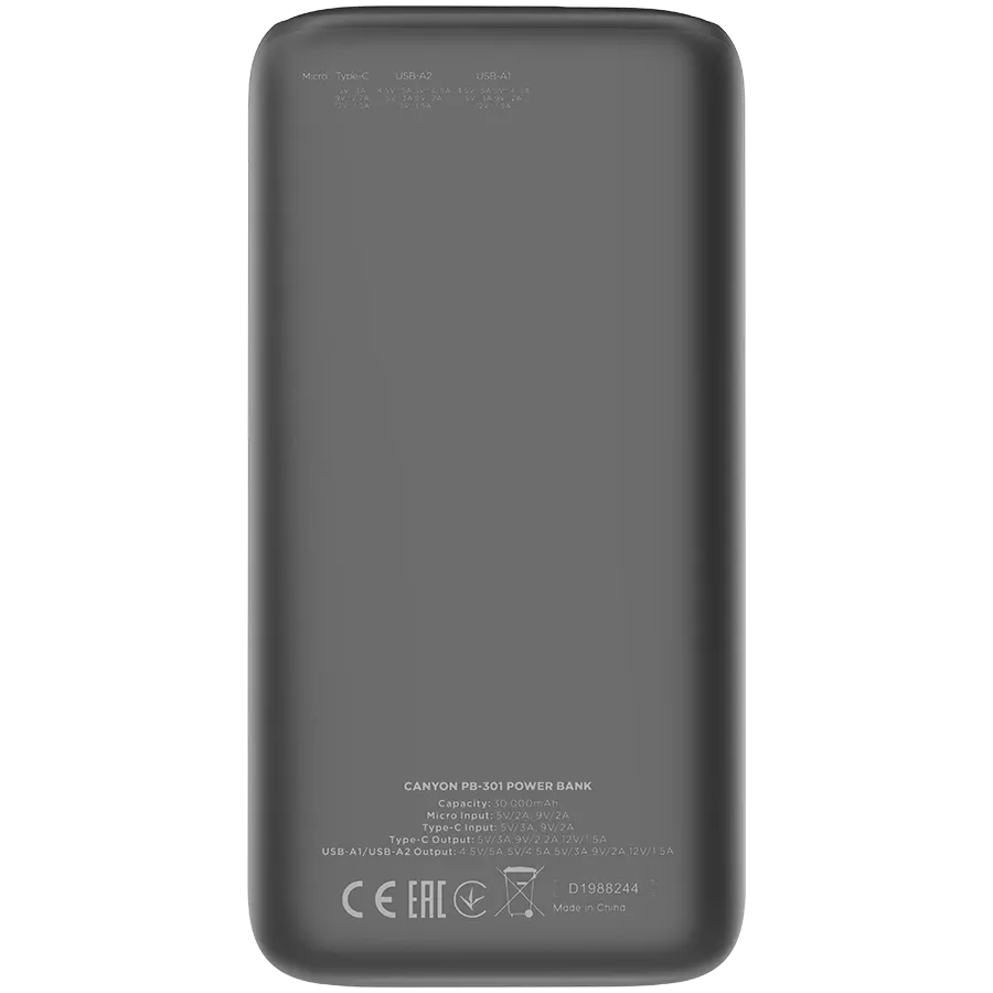 Външна батерия Canyon PB-301 LED 30000 mAh PD 20W QC 3.0, черна