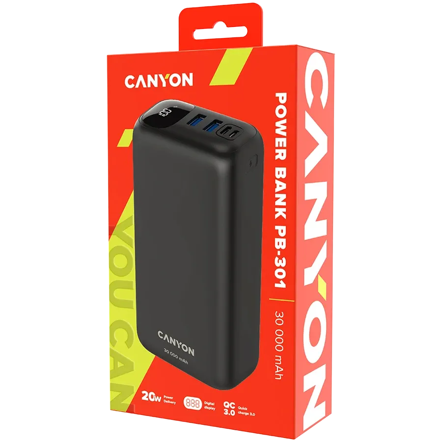Външна батерия Canyon PB-301 LED 30000 mAh PD 20W QC 3.0, черна