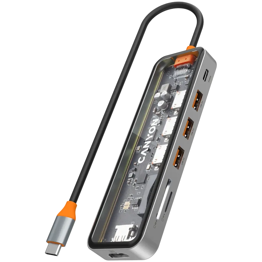 USB хъб Canyon hub DS-13 7in1 4k USB-C Transparent Space, сив