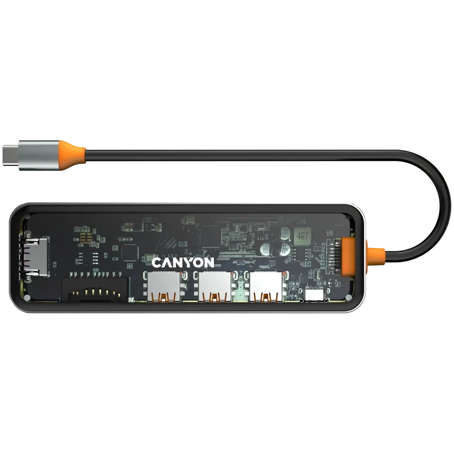 USB хъб Canyon hub DS-13 7in1 4k USB-C Transparent Space, сив