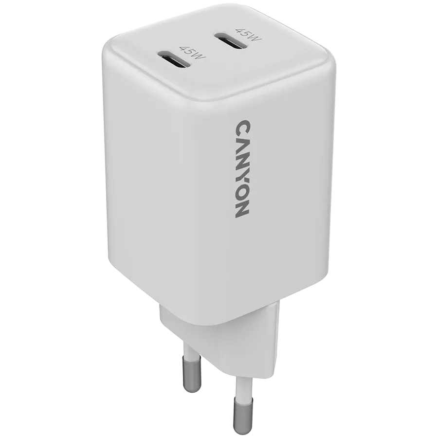 Зарядно устройство Canyon charger CU45CC GaN 45W 2xPD EU, бяло
