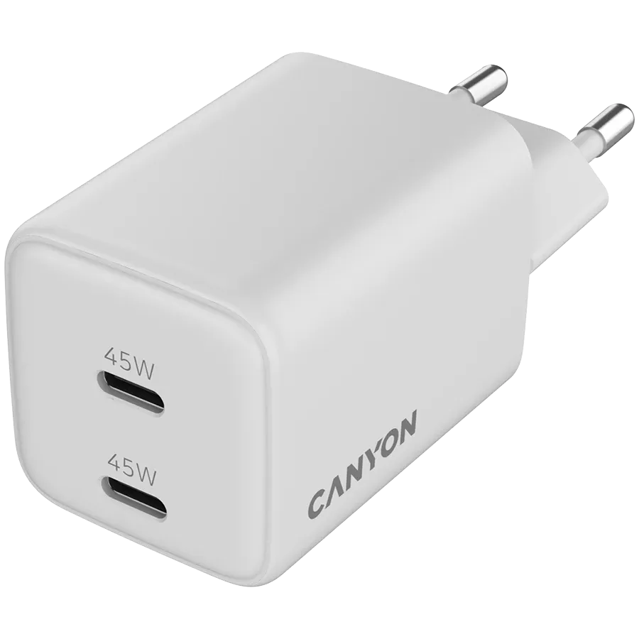 Зарядно устройство Canyon charger CU45CC GaN 45W 2xPD EU, бяло