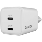 Зарядно устройство Canyon charger CU45CC GaN 45W 2xPD EU, бяло