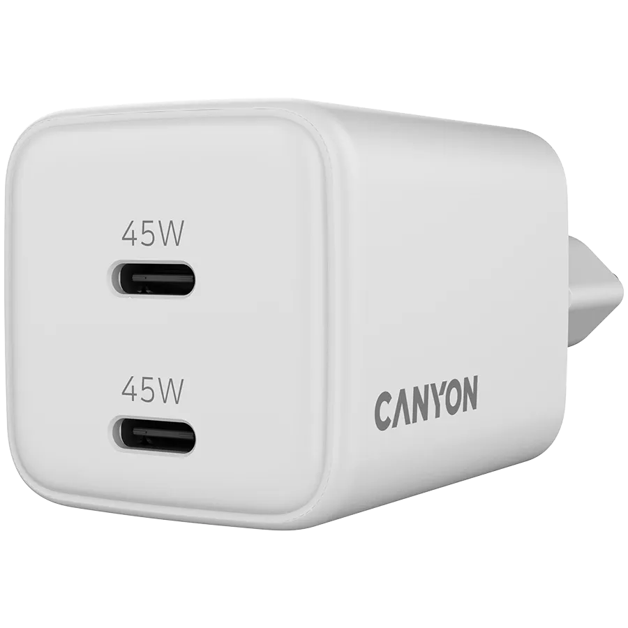 Зарядно устройство Canyon charger CU45CC GaN 45W 2xPD EU, бяло