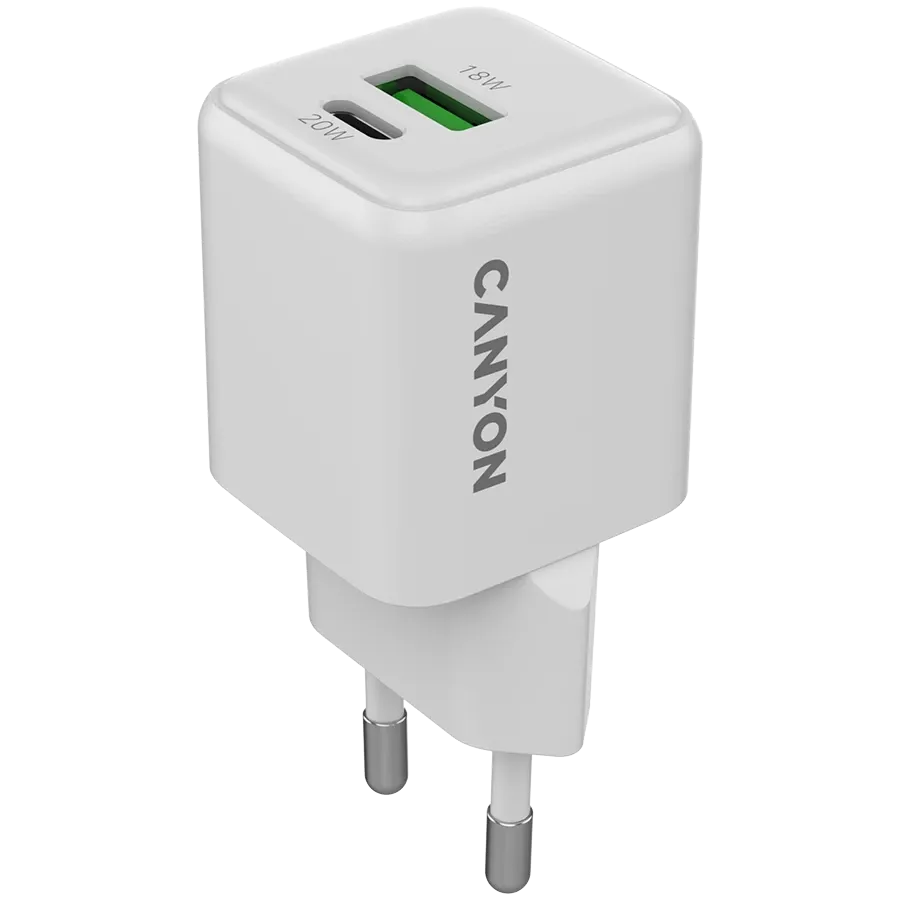 Зарядно устройство Canyon charger CU20AC GaN 20W 1xPD 1xQC EU, бяло