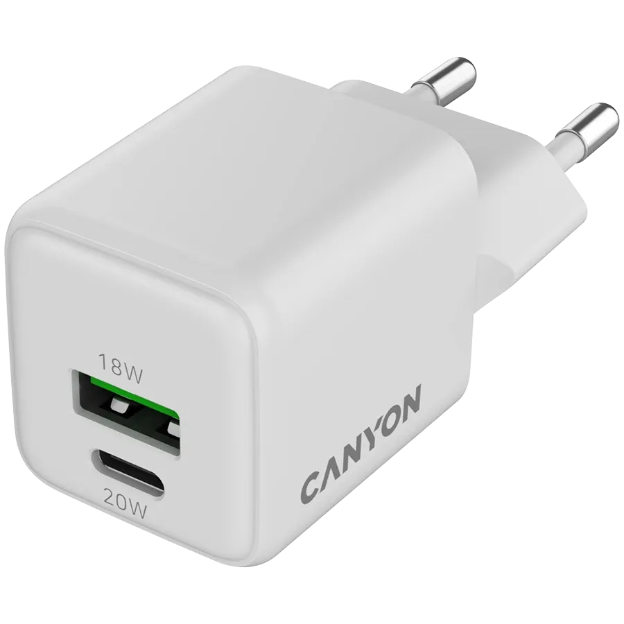 Зарядно устройство Canyon charger CU20AC GaN 20W 1xPD 1xQC EU, бяло