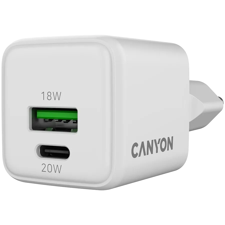 Зарядно устройство Canyon charger CU20AC GaN 20W 1xPD 1xQC EU, бяло