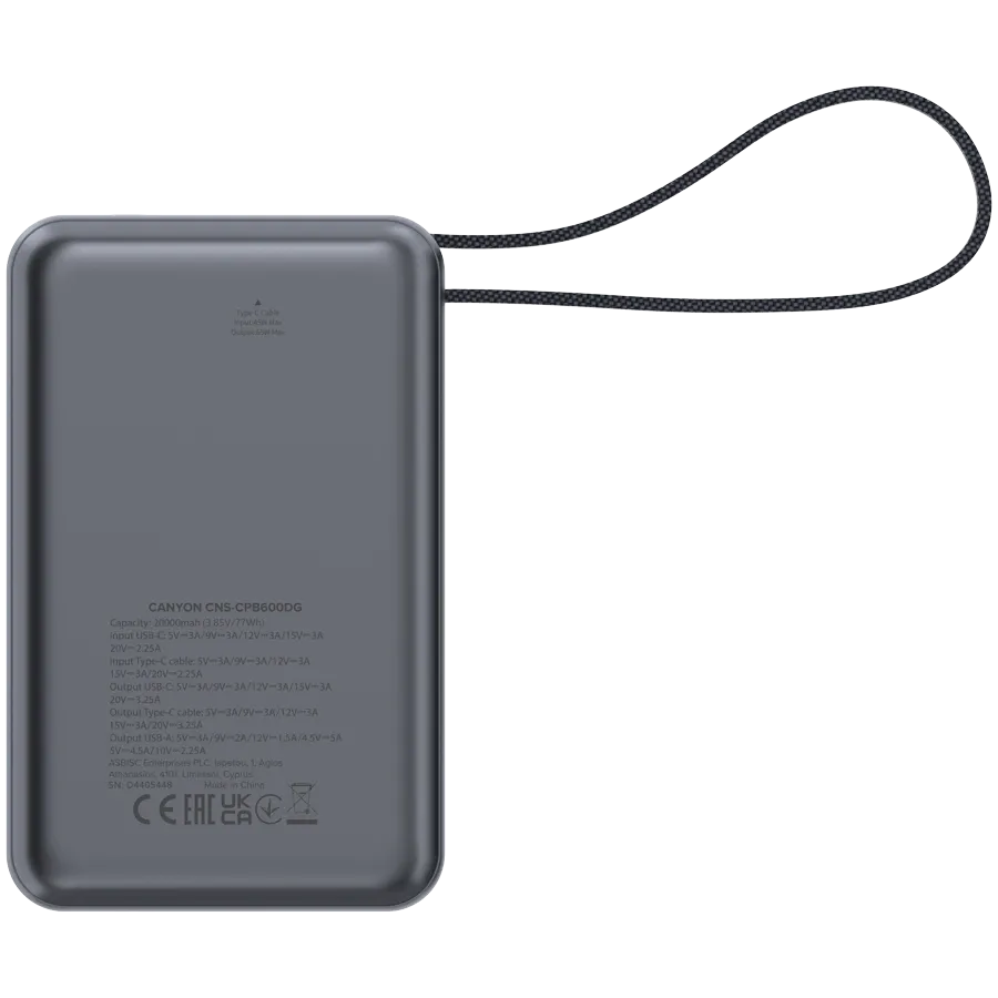 Външна батерия Canyon OnPower 600 built-in cable 20000 mAh PD65W Dark, сива
