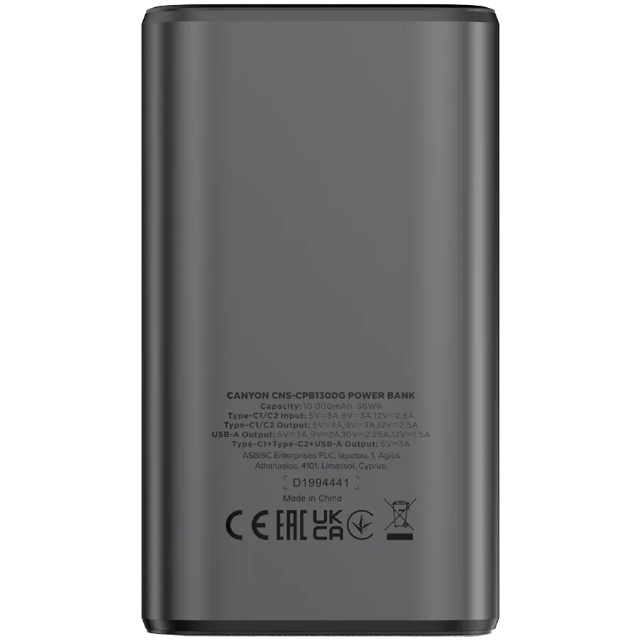 Външна батерия Canyon OnPower 130 TFT 10000 mAh PD30W Dark, сива