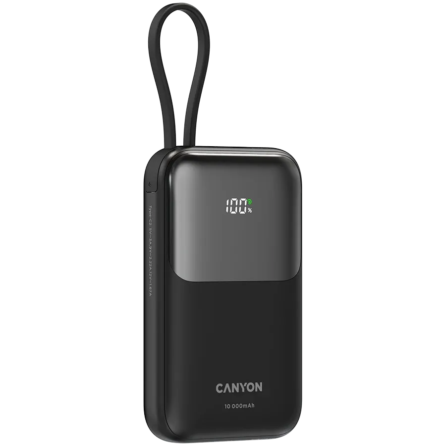 Външна батерия Canyon OnPower 101 built-in cable 10000 mAh PD22.5W, черна
