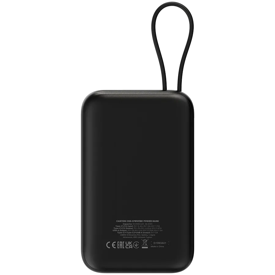 Външна батерия Canyon OnPower 101 built-in cable 10000 mAh PD22.5W, черна