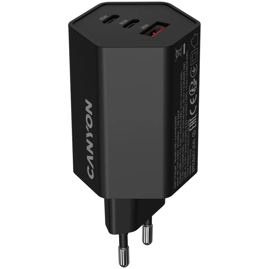 Зарядно устройство Canyon charger Hexagon 65 GaN 65W 2xPD 1xQC EU, черно