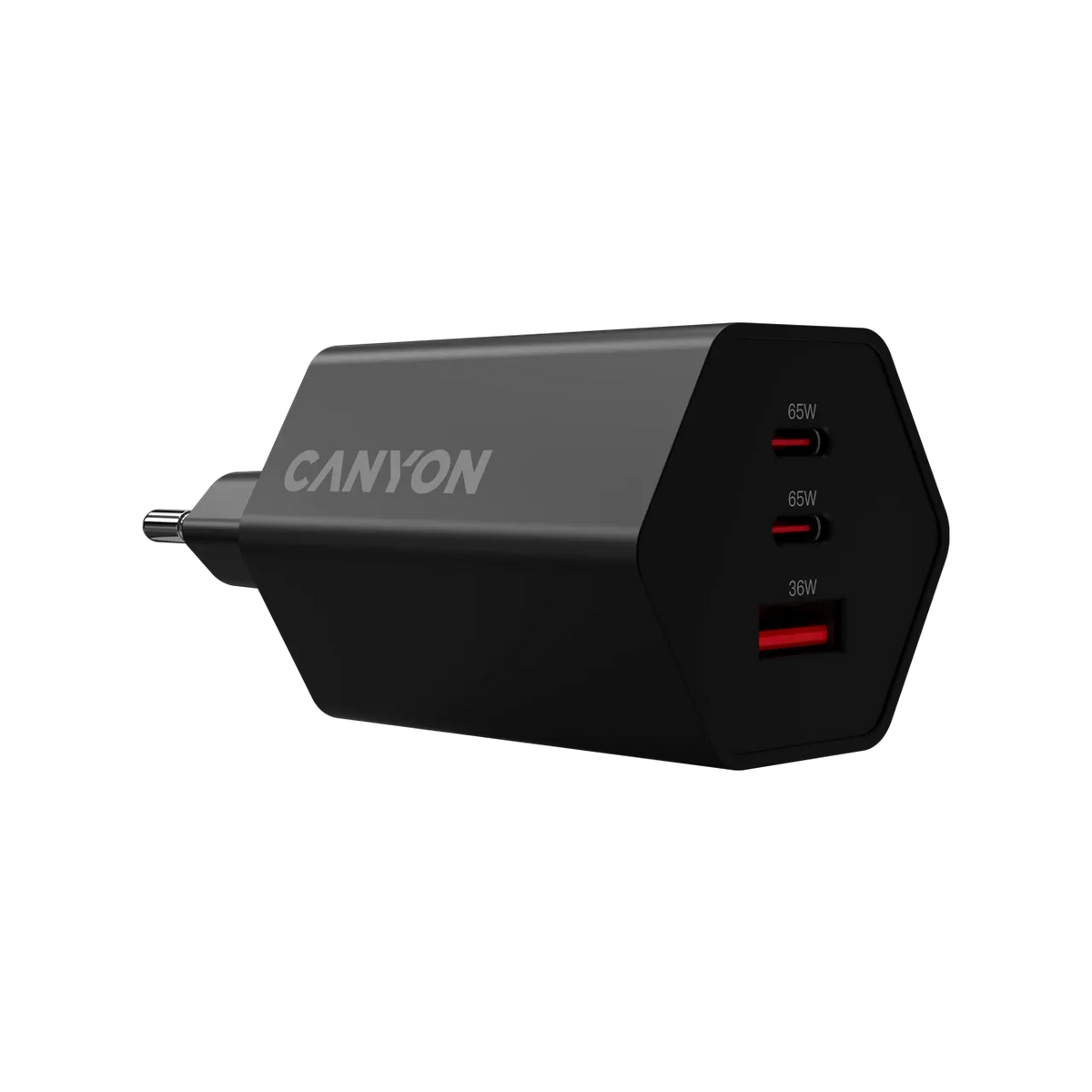 Зарядно устройство Canyon charger Hexagon 65 GaN 65W 2xPD 1xQC EU, черно