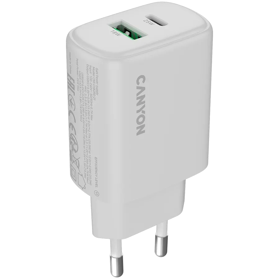 Зарядно устройство Canyon charger OnCharge 250 25W 1xPD 1xQC EU, бяло