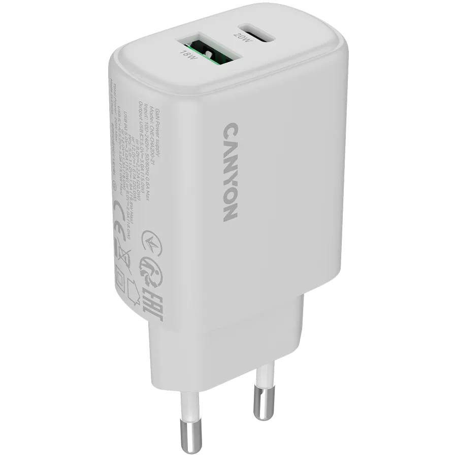 Зарядно устройство Canyon charger OnCharge 200 20W 1xPD 1xQC EU, бяло