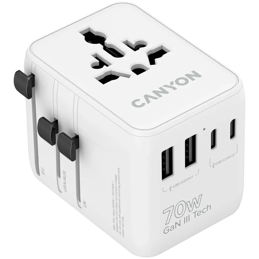Зарядно устройство Canyon Travel Adapter OnTour 70 EU/UK/US/AUS 70W, бяло