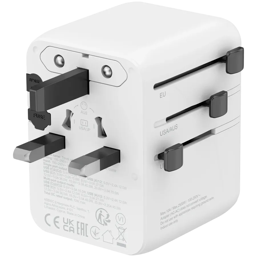 Зарядно устройство Canyon Travel Adapter OnTour 70 EU/UK/US/AUS 70W, бяло