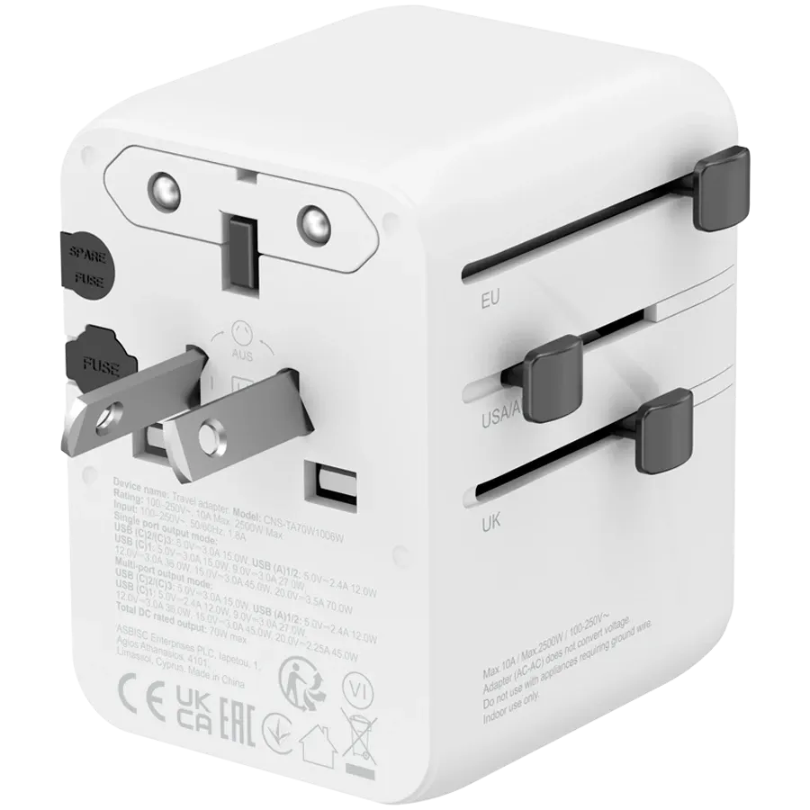 Зарядно устройство Canyon Travel Adapter OnTour 70 EU/UK/US/AUS 70W, бяло