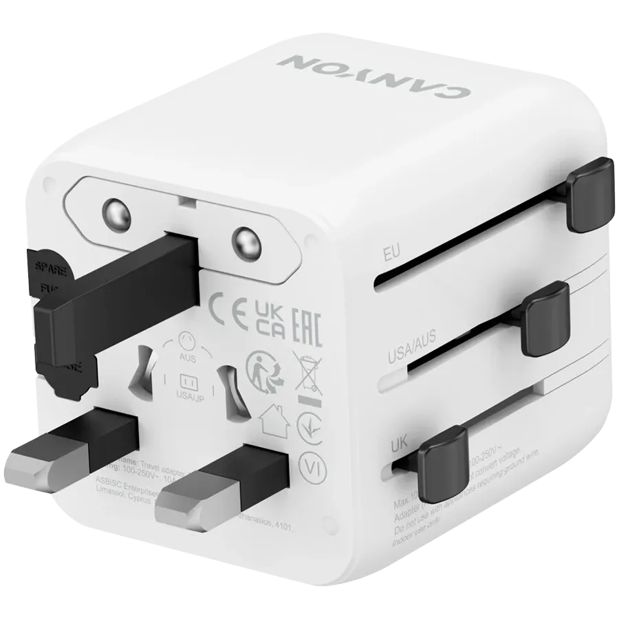 Зарядно устройство Canyon Travel Adapter OnTour One EU/UK/US/AUS, бяло