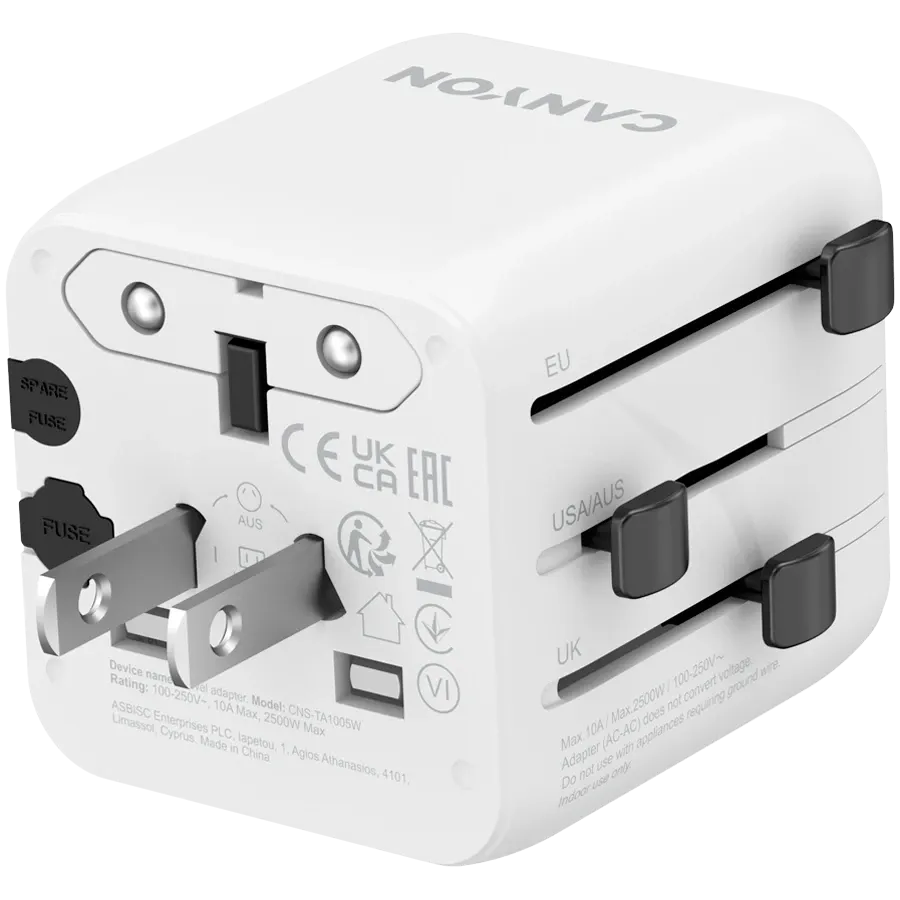 Зарядно устройство Canyon Travel Adapter OnTour One EU/UK/US/AUS, бяло