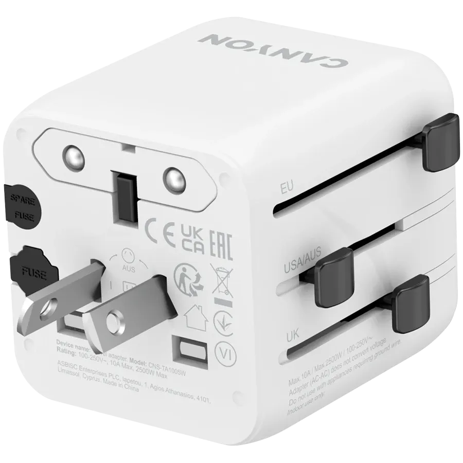 Зарядно устройство Canyon Travel Adapter OnTour One EU/UK/US/AUS, бяло