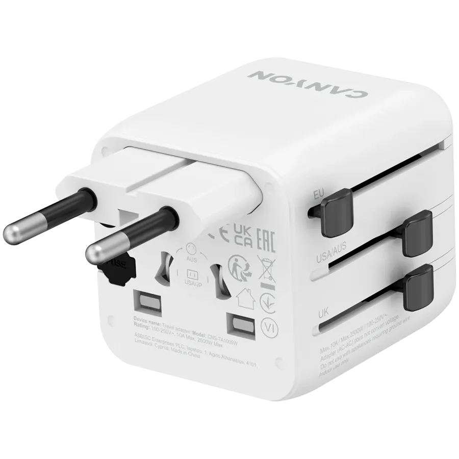 Зарядно устройство Canyon Travel Adapter OnTour One EU/UK/US/AUS, бяло
