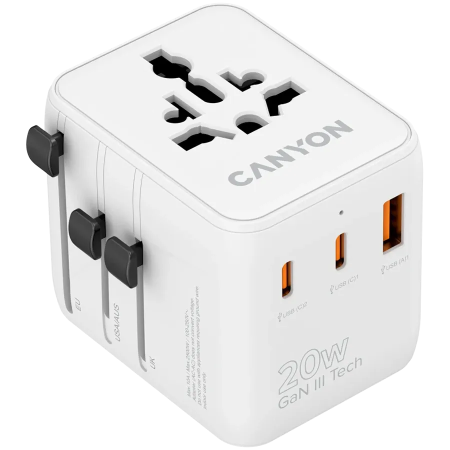 Зарядно устройство Canyon Travel Adapter OnTour 20 EU/UK/US/AUS 20W, бяло
