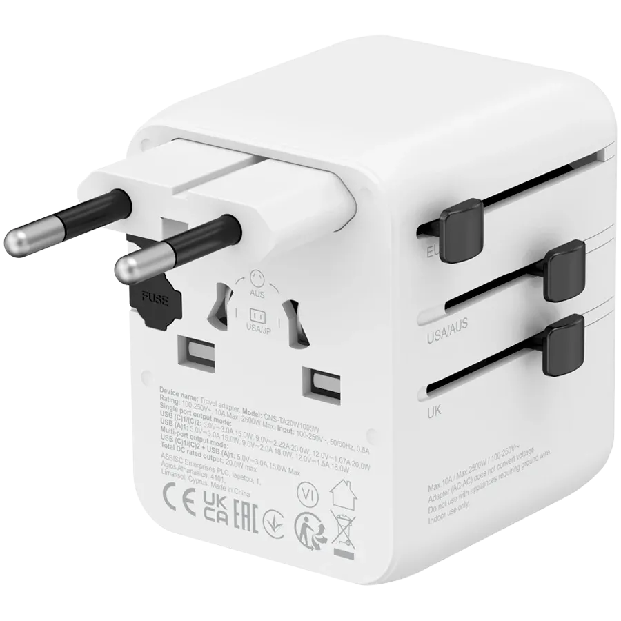 Зарядно устройство Canyon Travel Adapter OnTour 20 EU/UK/US/AUS 20W, бяло