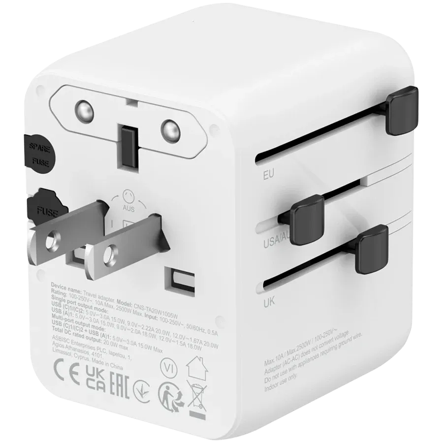 Зарядно устройство Canyon Travel Adapter OnTour 20 EU/UK/US/AUS 20W, бяло
