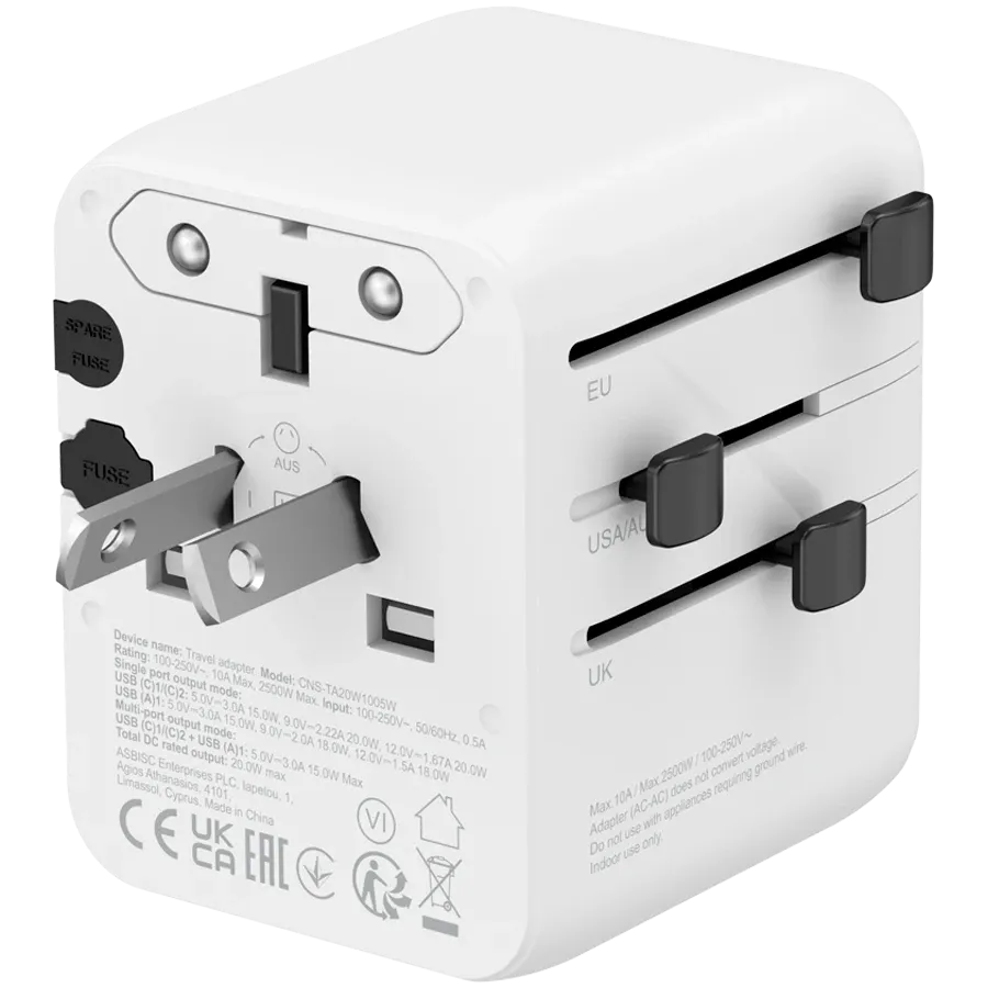 Зарядно устройство Canyon Travel Adapter OnTour 20 EU/UK/US/AUS 20W, бяло